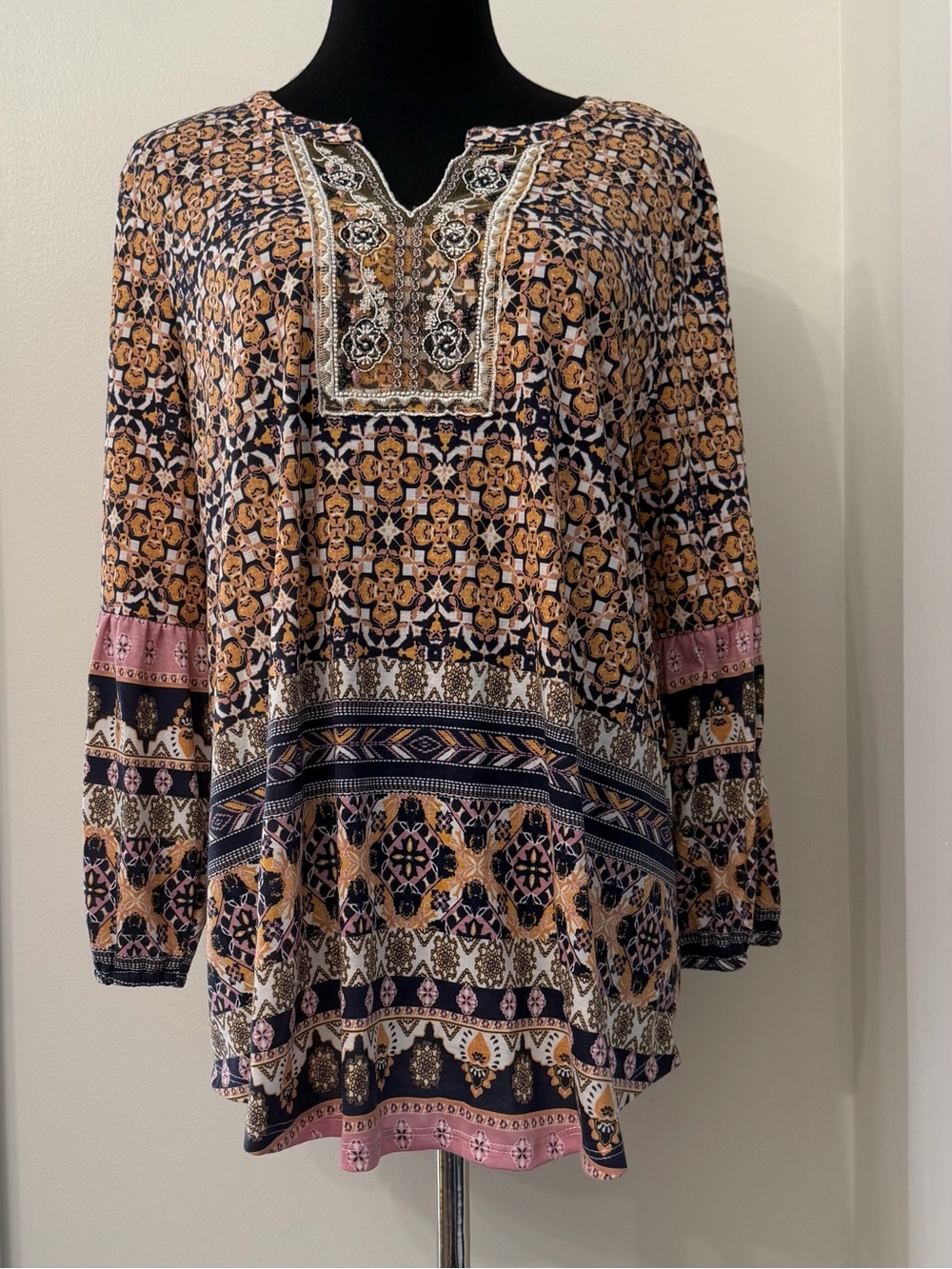 Always Fabulous Boho Tunic Top - Pink, Navy & Brown Elastic Long Sleeve Size XL - Picture 8 of 14